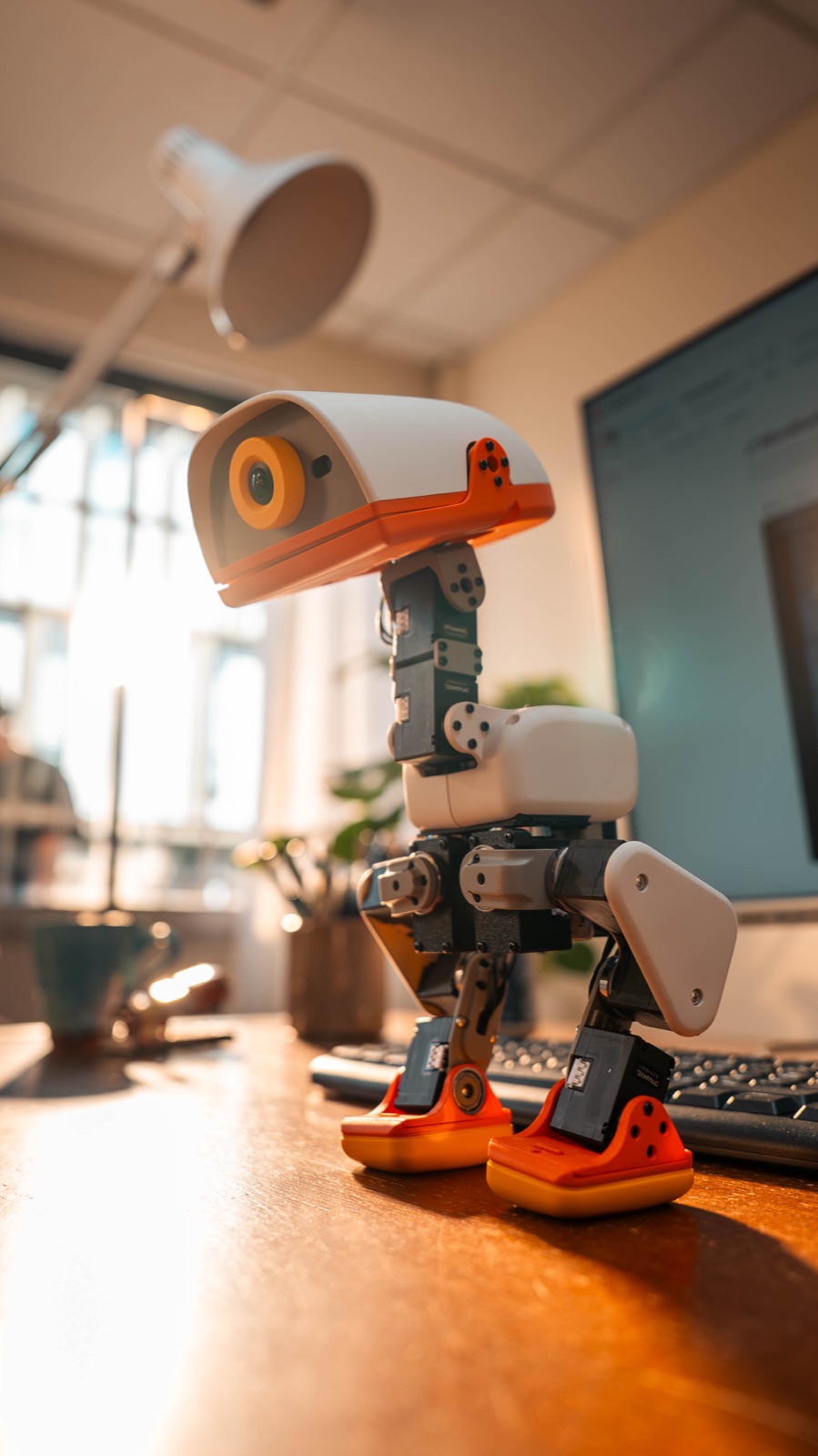 机の上に立つMicroduck。頭部にカメラ、脚には関節ごとにモーターが並ぶ