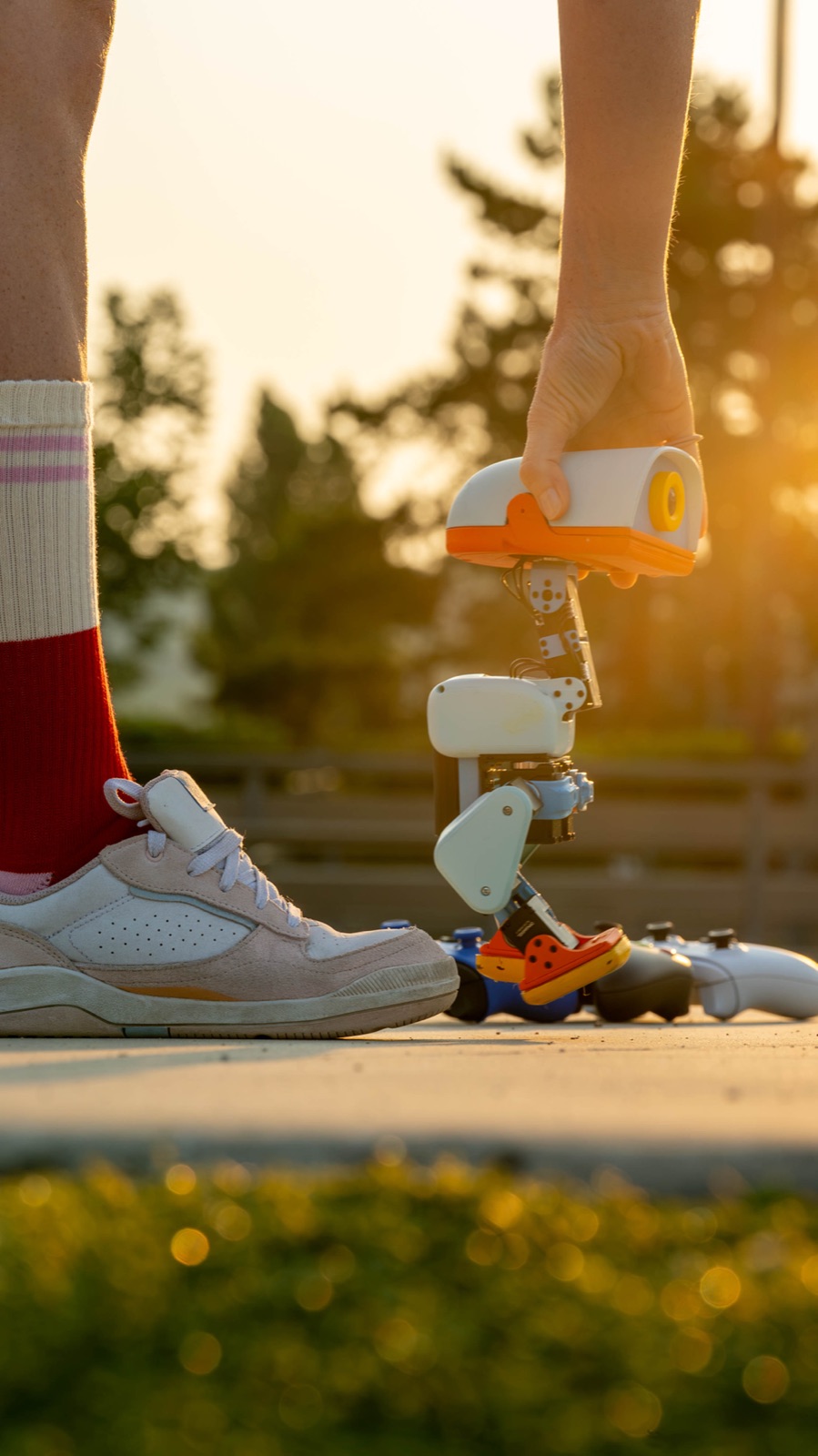 夕暮れのスケートパークで、ローラーを履いたMicroduckが地面に下ろされる